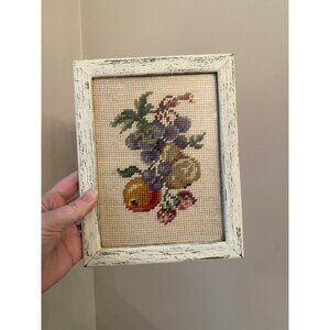 Vintage Fruit Needlepoint Framed In Distressed White Wood Frame
